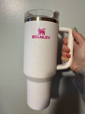 Stanley 40oz Crystal Crush Tumbler White Pink Logo Handle Lid EUC